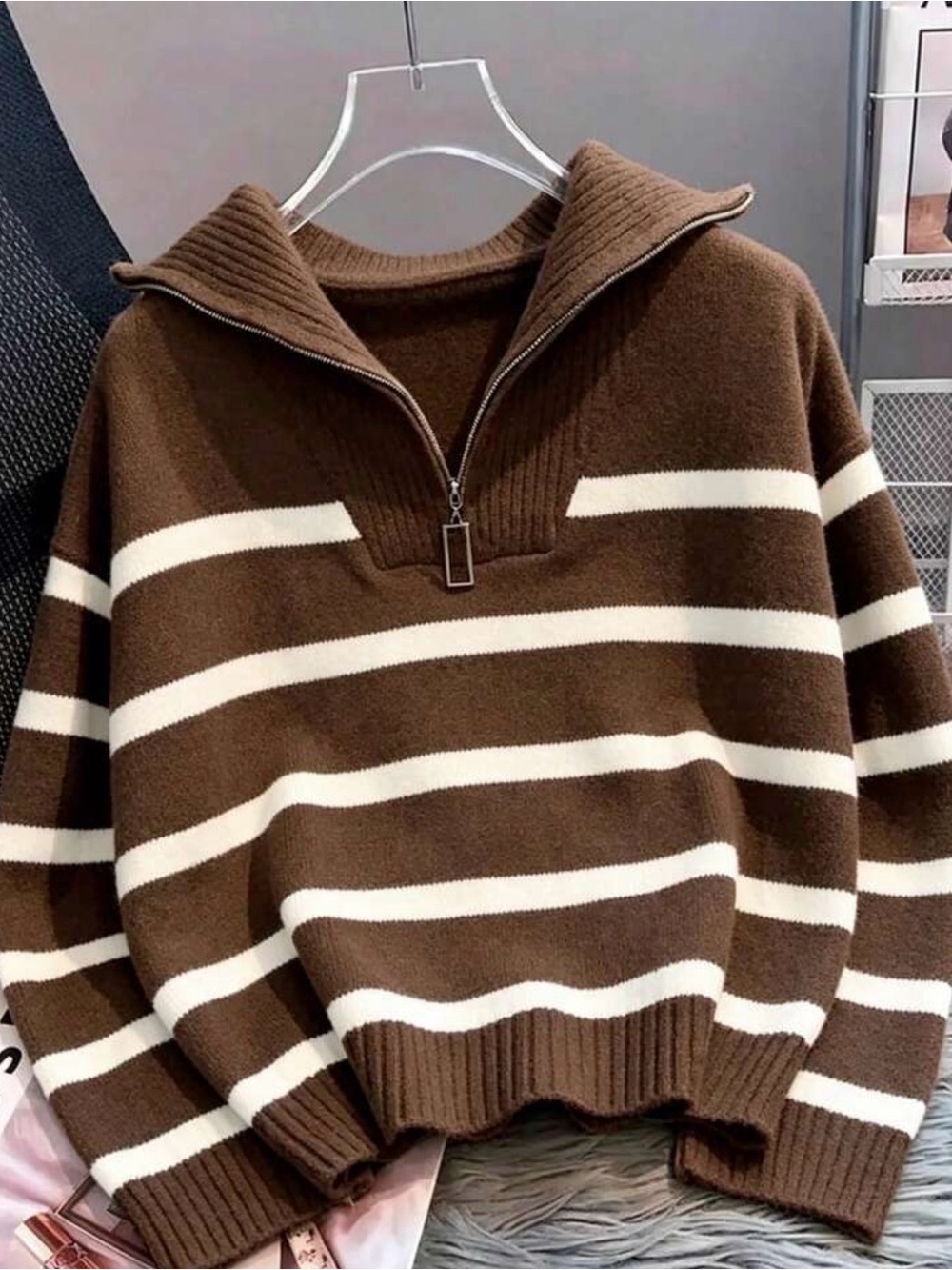Brown & White Striped Half-Zip Sweater